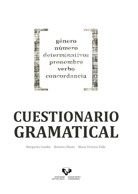 Cuestionario gramatical. Género, número, determinativos, pronombre, verbo, conco