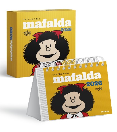 CALENDARIO 2026 MAFALDA ESCRITORIO AMARILLO · CON CAJA